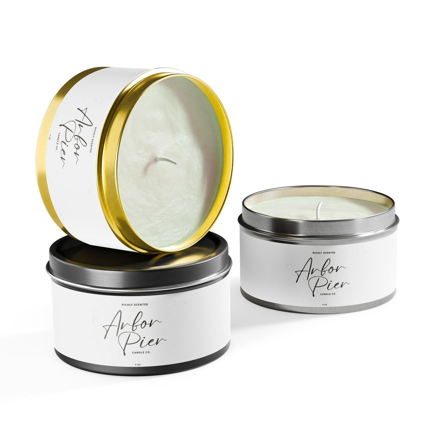 Premium Coconut Soy Tin Scented Candle (Black, Silver or Gold Tin) | Arbor Pier