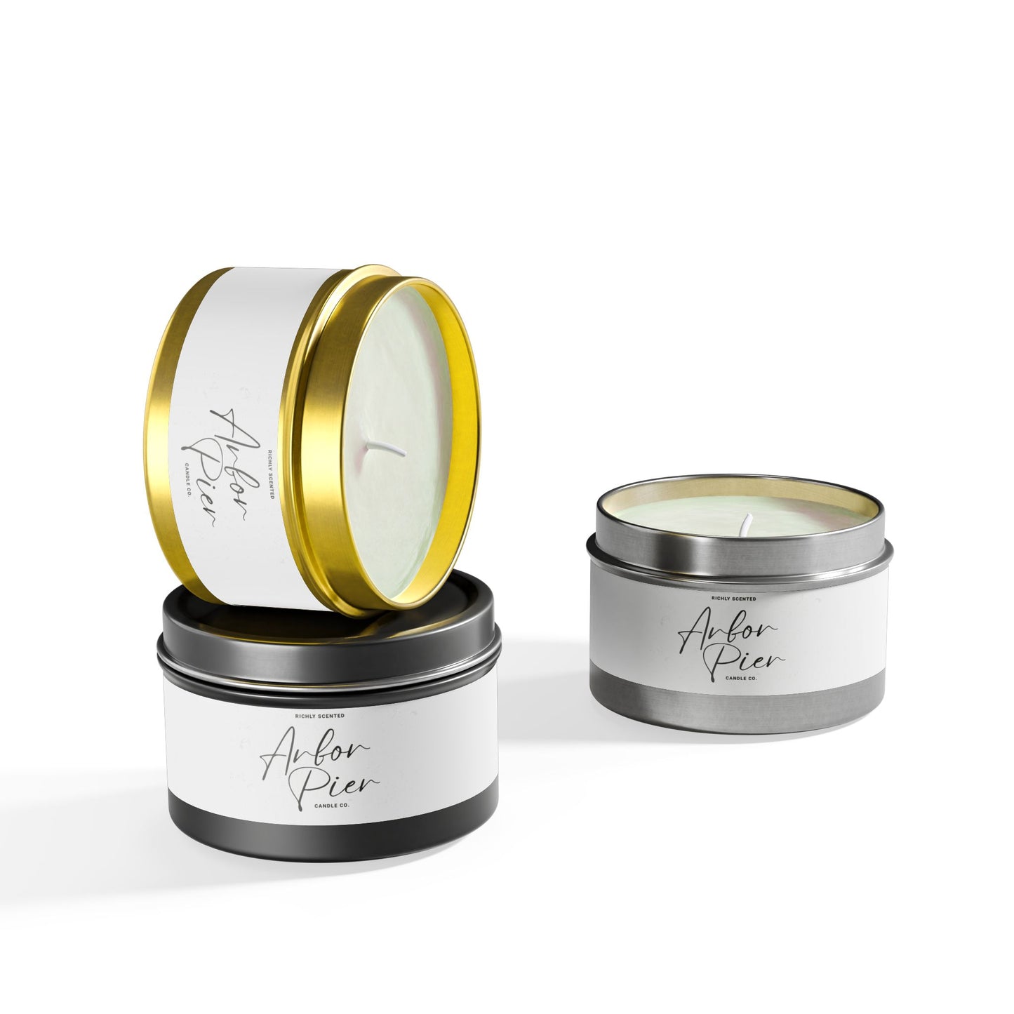 Premium Coconut Soy Tin Scented Candle (Black, Silver or Gold Tin) | Arbor Pier
