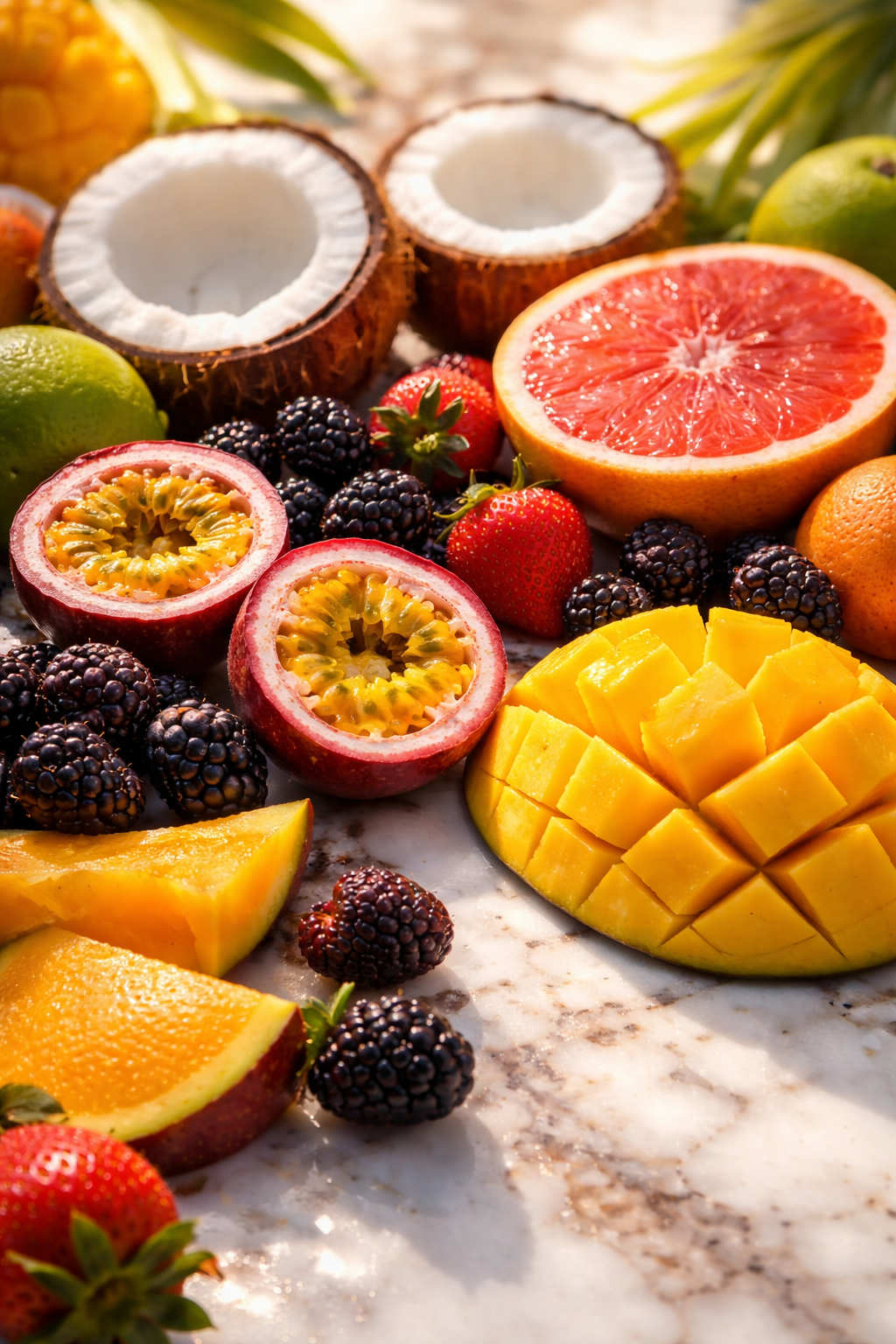 Assorted tropical fruits including mango, strawberry, blackberry, and citrus on a marble surface.
