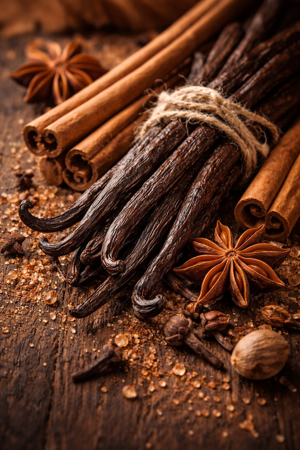 Vanilla beans and cinnamon sticks on a wooden surface with star anise.