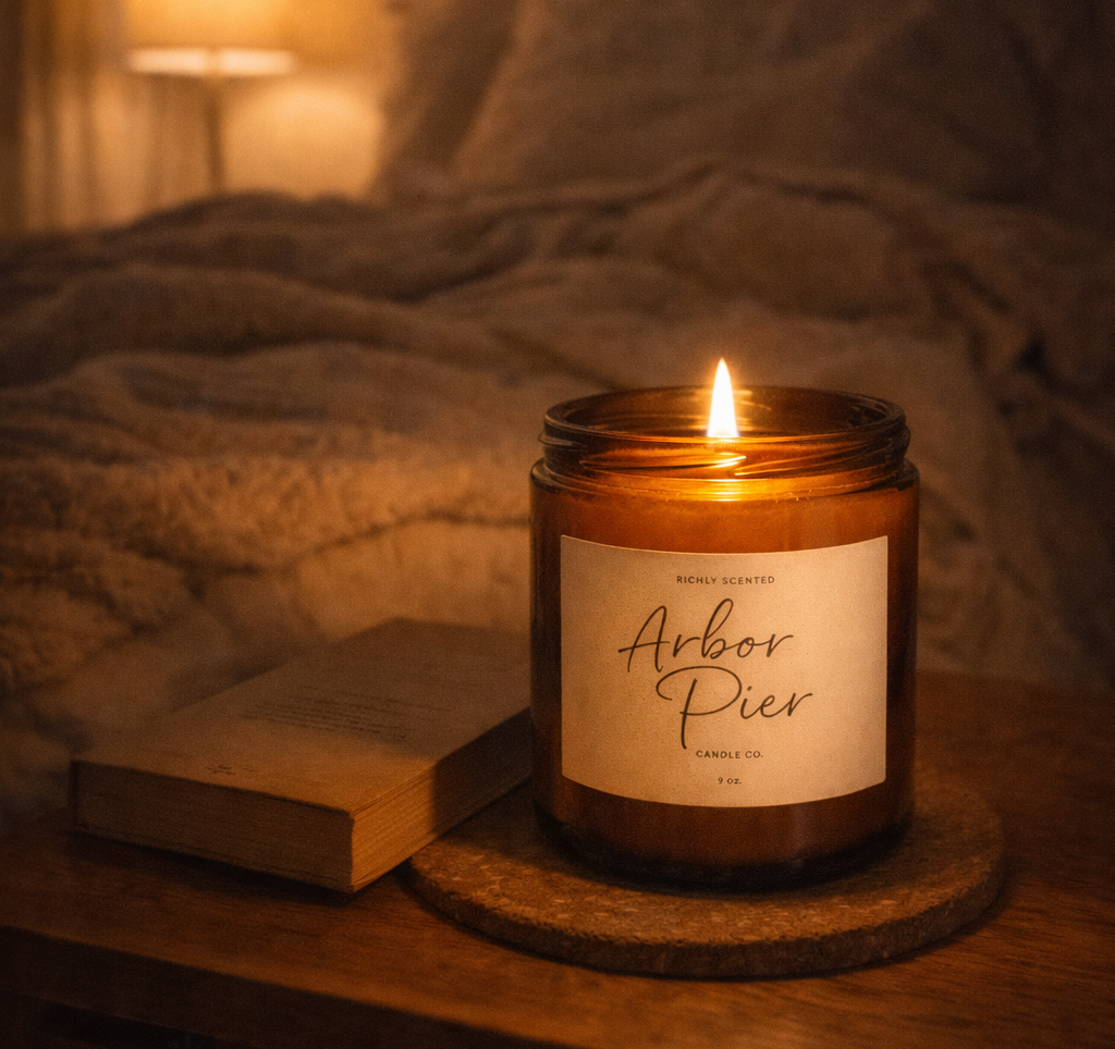 Lit candle in a glass jar with a label on a wooden surface, next to an open book, with a warm glow.