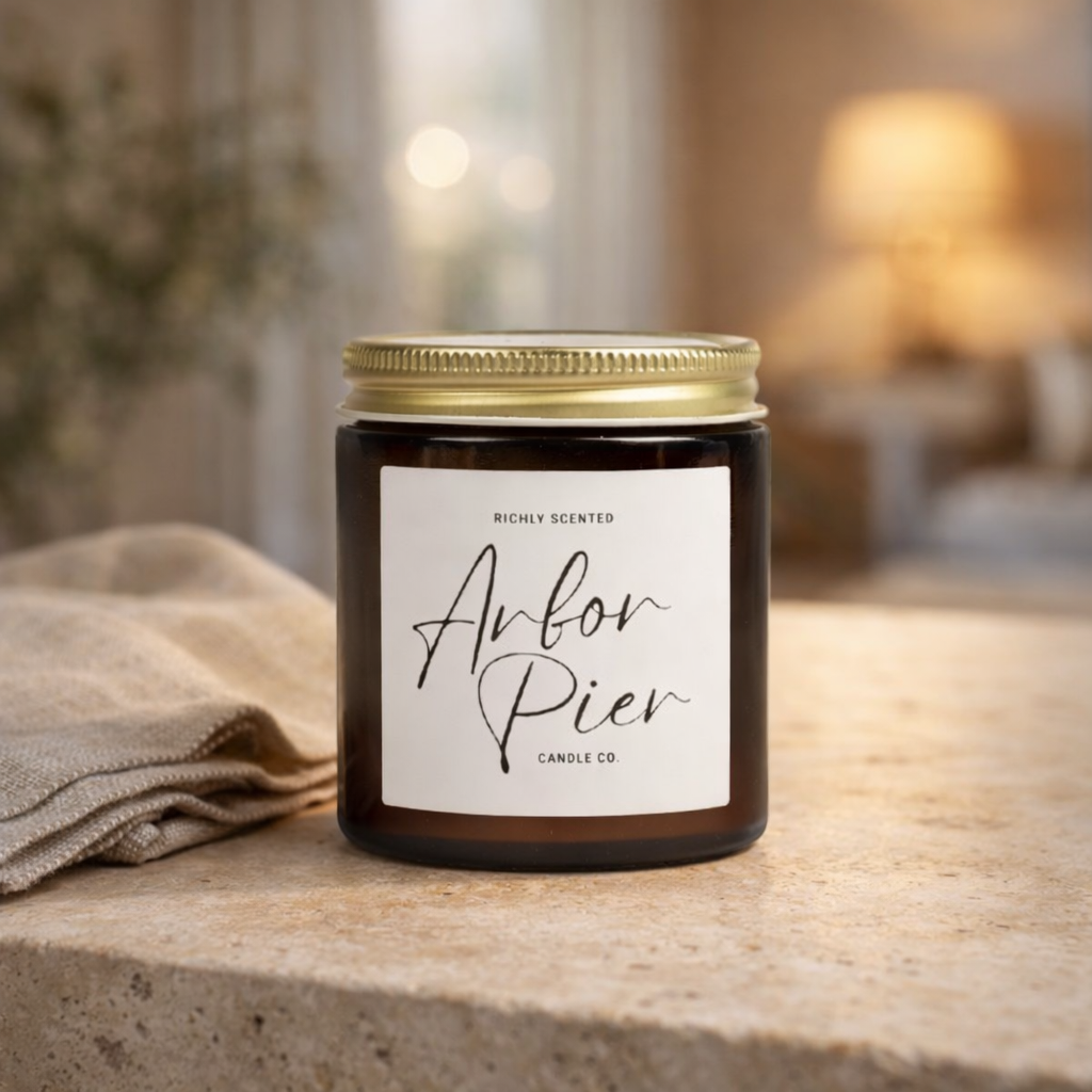 Candle with a label on a stone surface, blurred background