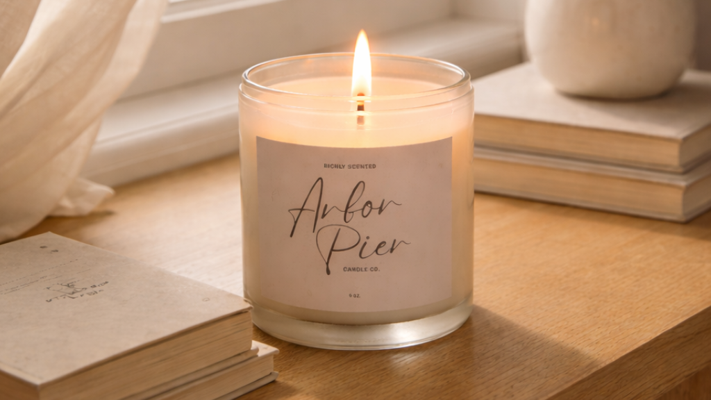Candle with a label on a wooden surface next to books and a vase with flowers, near a window.