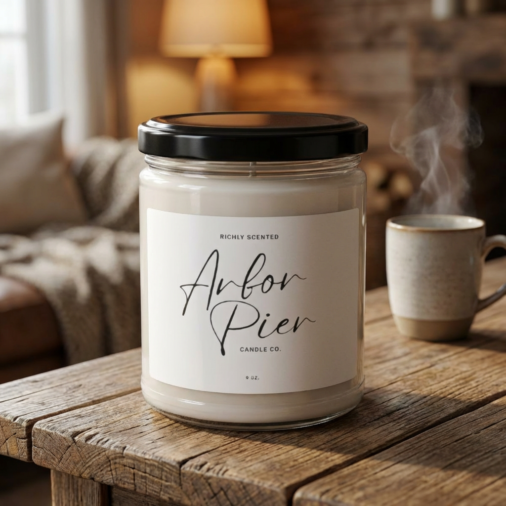 Candle jar labeled 'Anbon Pier' on a wooden table with a cozy background