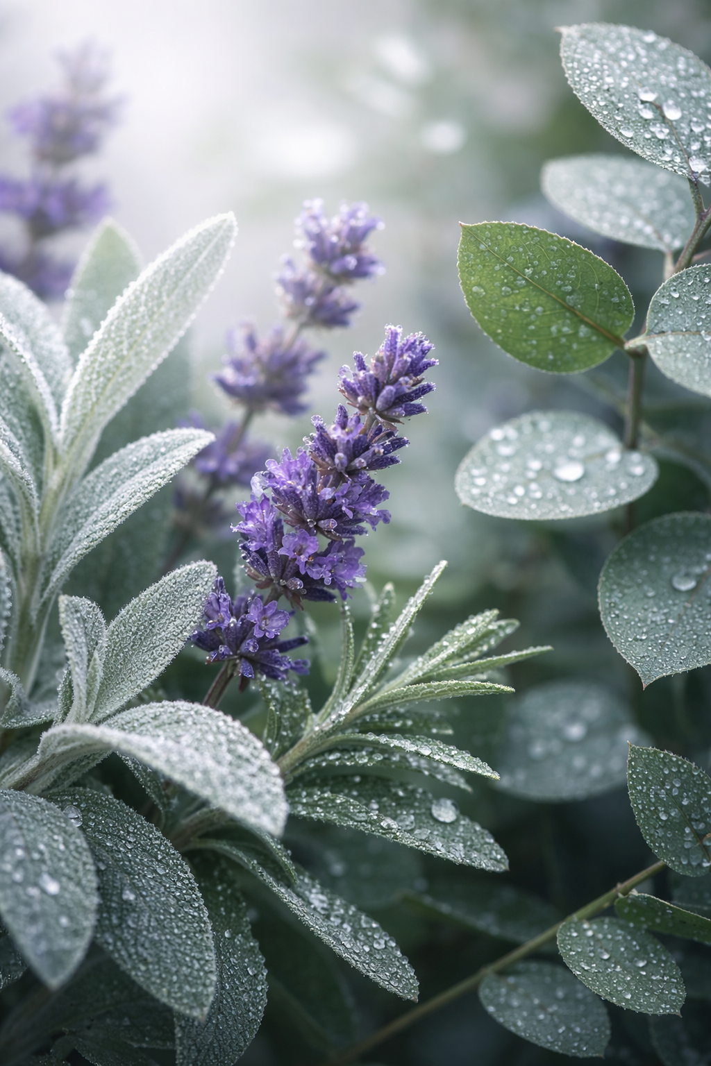 Close-up of lavender flowers with water droplets on green leaves