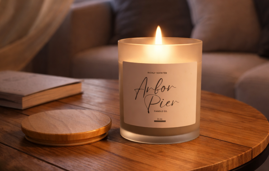 Candle with a label on a wooden table, surrounded by soft lighting