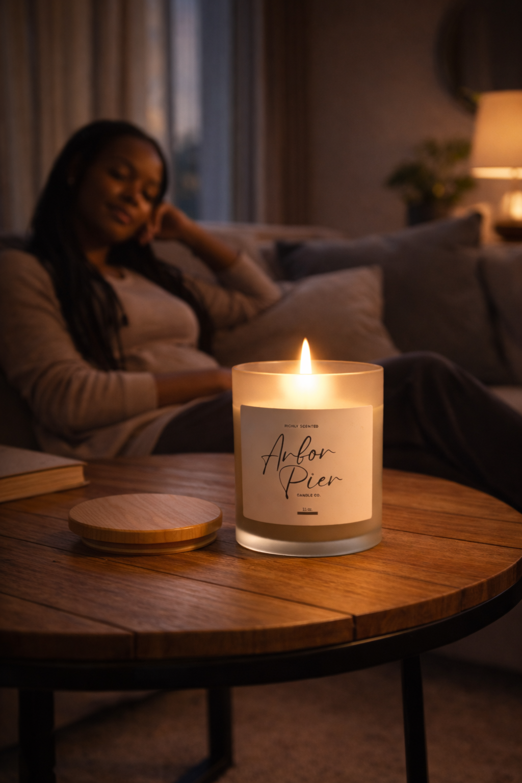 Woman sitting on a couch in a dimly lit room with a lit candle on a wooden table.