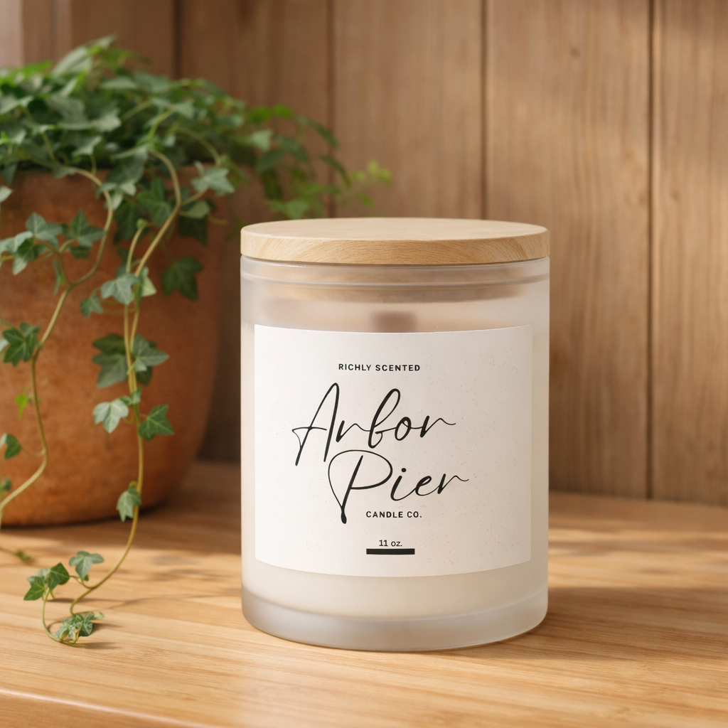 Premium Coconut Soy Wooden Wick Frosted Glass Scented Candle 11oz | Arbor Pier
